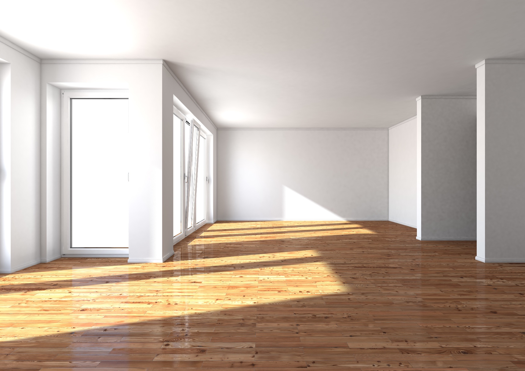 Ein schöner tapezierter Innenraum mit weißen Wänden und ein sauberer Boden